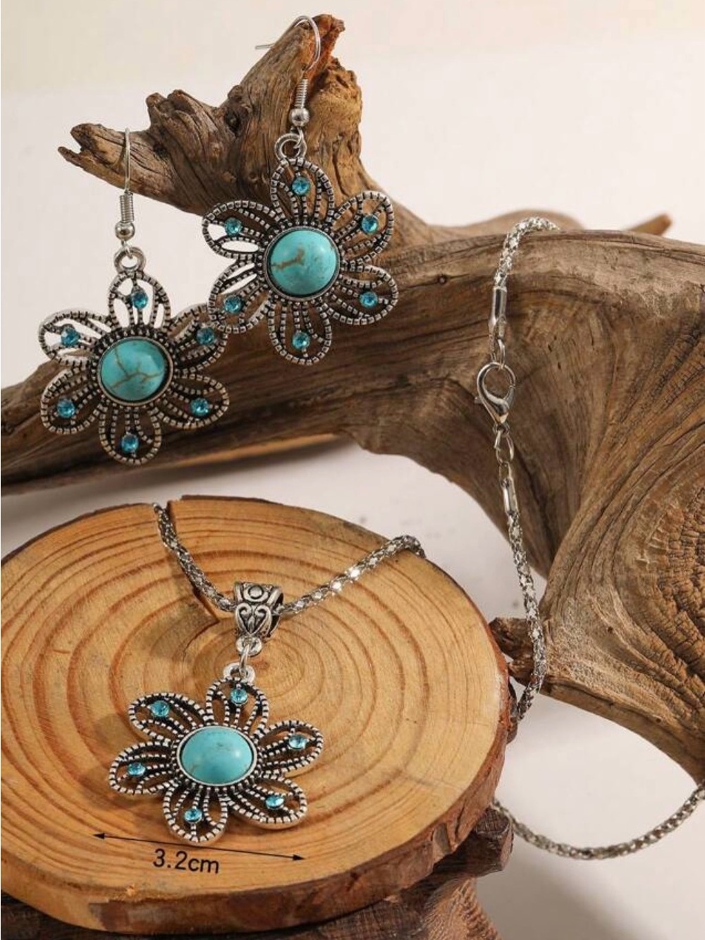Western Set Turquoise Flower Pendant Necklace and Earrings Set